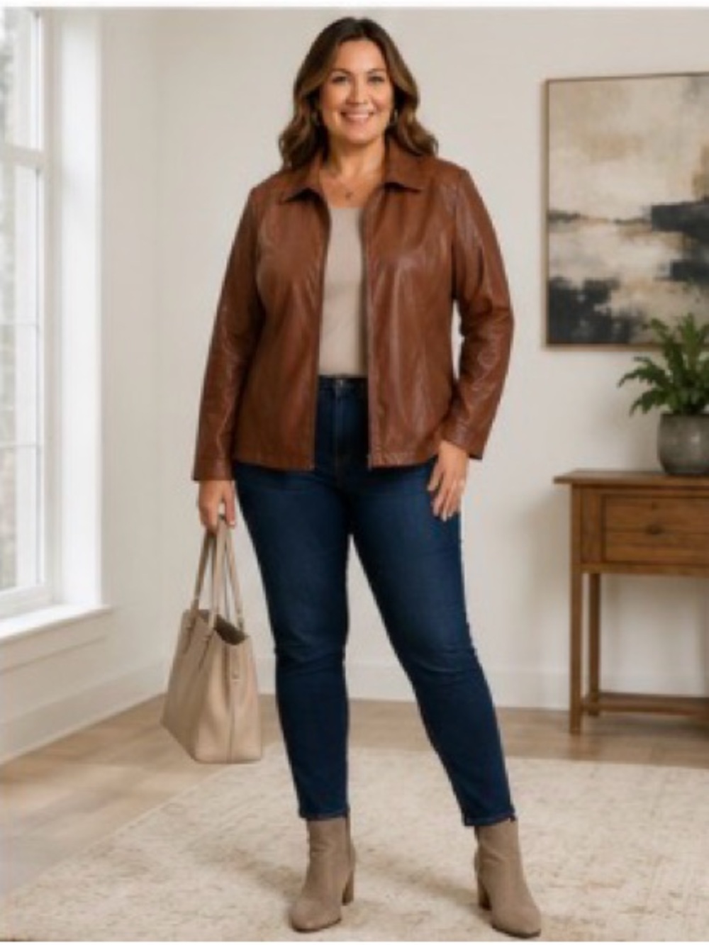Kim Rogers Brown Faux Leather Jacket Zip Front Jacket Women’s Size 16, P2P 24” - Picture 2 of 7